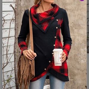 Black & Ref Plaid Color Block Button Accent Tulip Tunic
